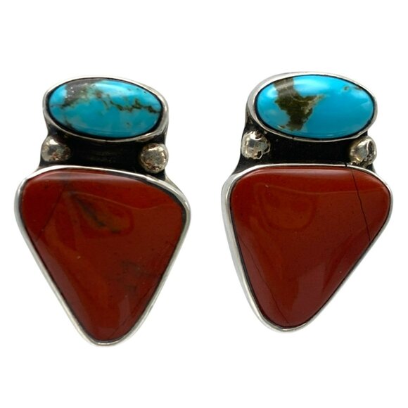Vintage San Felipe Pueblo Jenn Garcia Spiny Oyster Turquoise Earrings Pendant - Picture 2 of 8